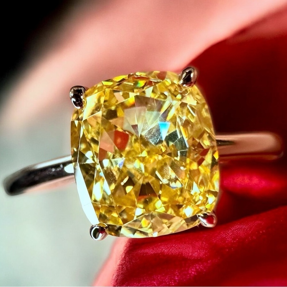 NEW Yellow 1.5ctw High Carbon Diamond Simulant Cushion Cut Solitaire Silver Ring